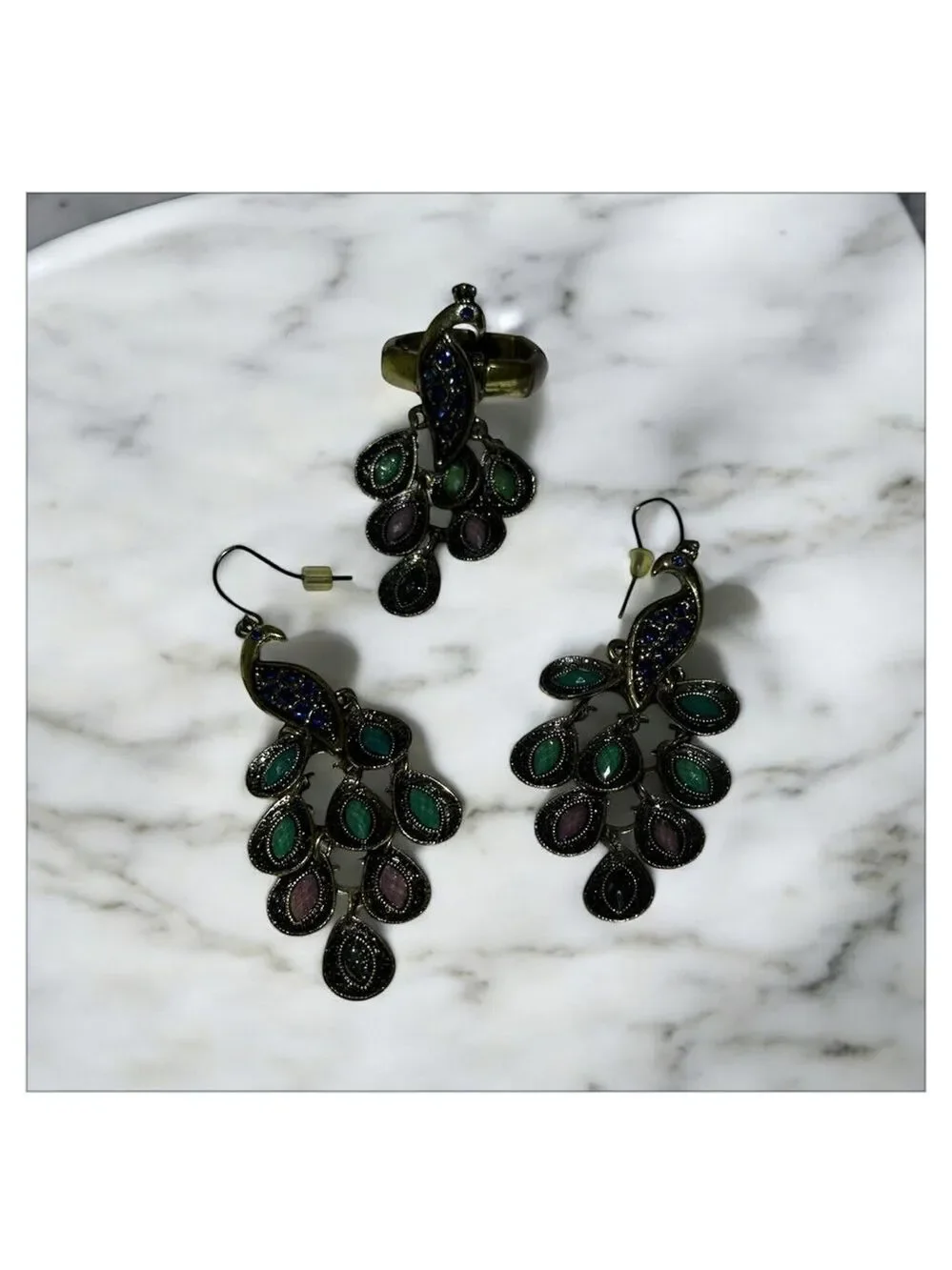 VINTAGE BOHEMIAN PEACOCK CHANDELIER EARRINGS & RING SET OCEAN HUES STATEMENT LUX